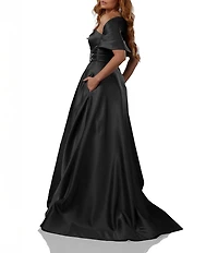 Terani Couture Satin One-Shoulder Neck Sleeveless Beaded Applique A-Line Ball Gown
