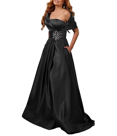 Terani Couture Satin One-Shoulder Neck Sleeveless Beaded Applique A-Line Ball Gown