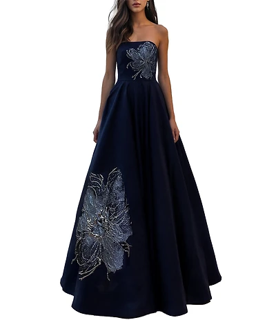 Terani Couture Satin Strapless A-Line Floral Beaded A-Line Gown