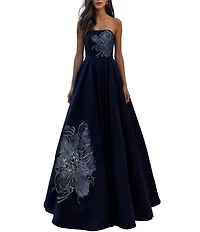 Terani Couture Satin Strapless A-Line Floral Beaded A-Line Gown