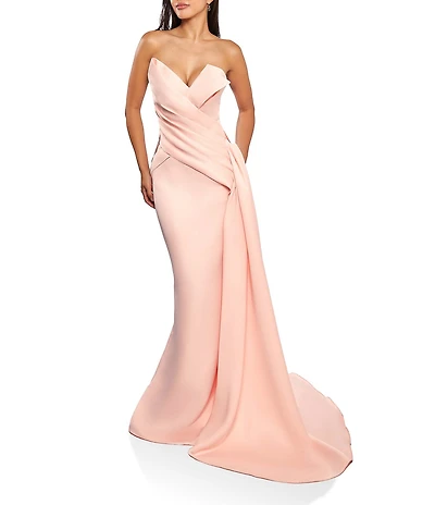 Terani Couture Satin Strapless Sleeveless Drape Side Mermaid Gown