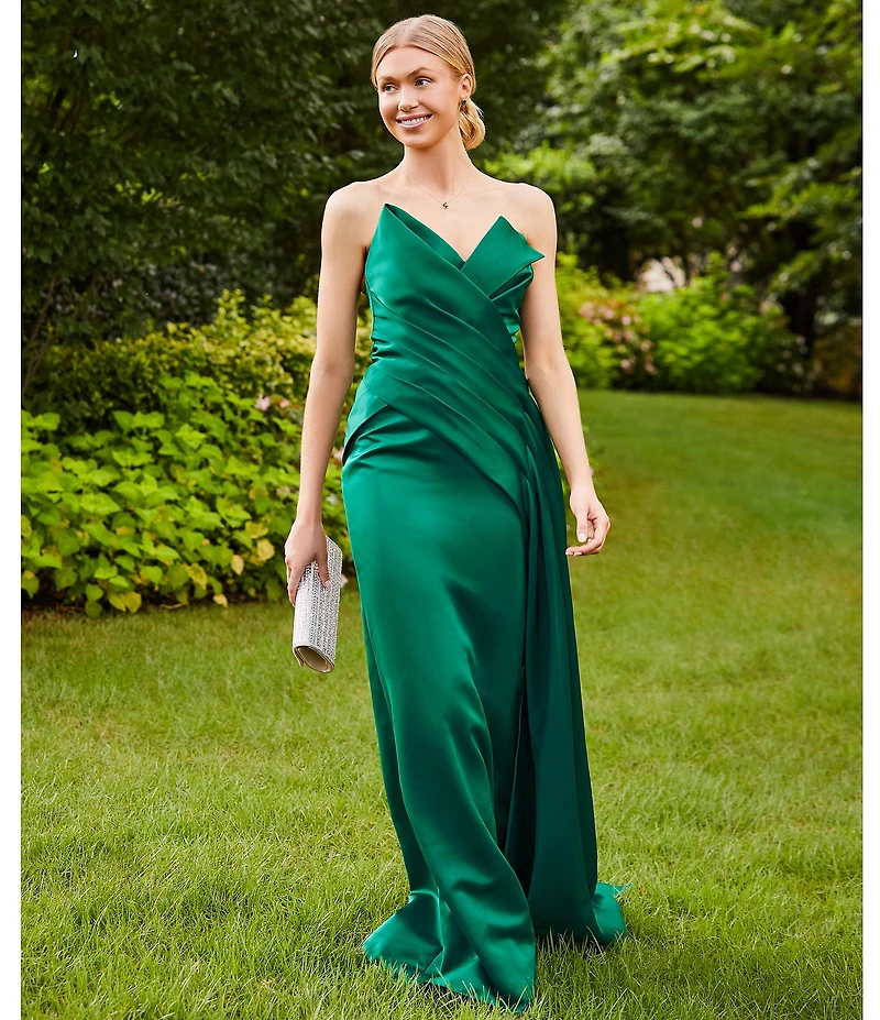 Terani Couture Satin Strapless Sleeveless Drape Side Mermaid Gown