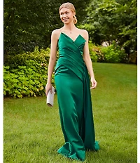 Terani Couture Satin Strapless Sleeveless Drape Side Mermaid Gown