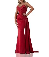 Terani Couture Satin Strapless Sleeveless Drape Side Mermaid Gown