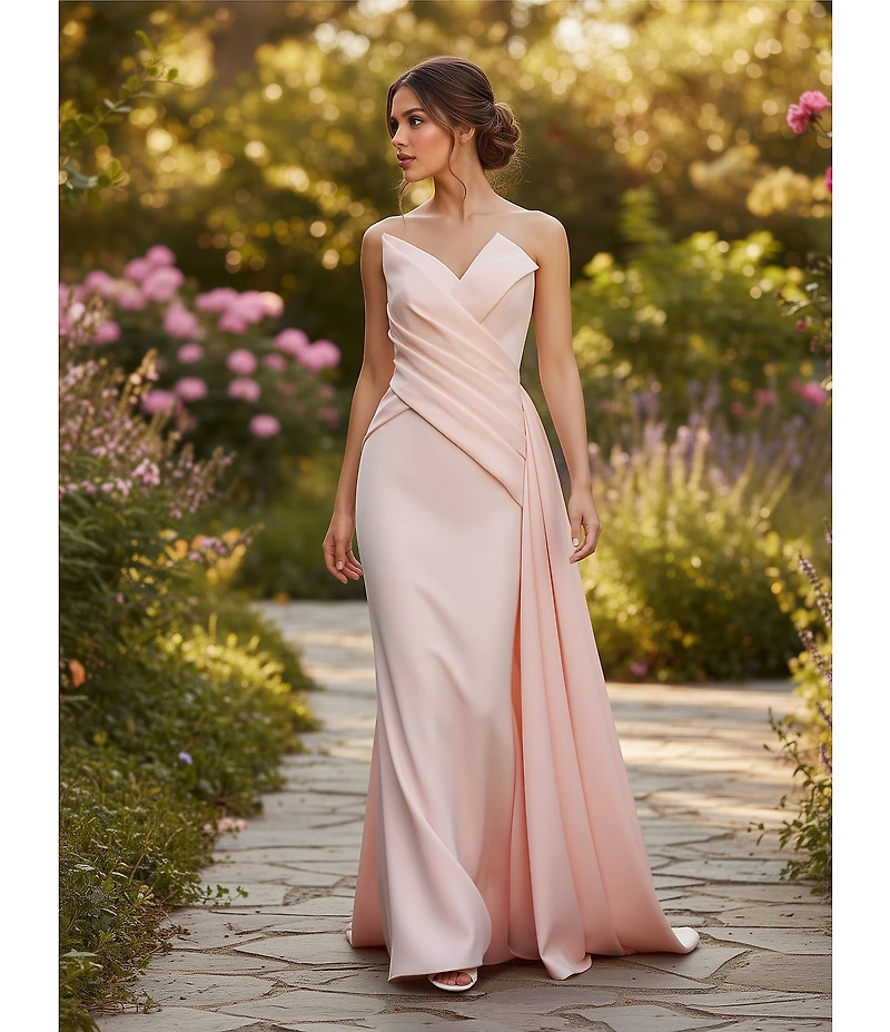 Terani Couture Satin Strapless Sleeveless Drape Side Mermaid Gown
