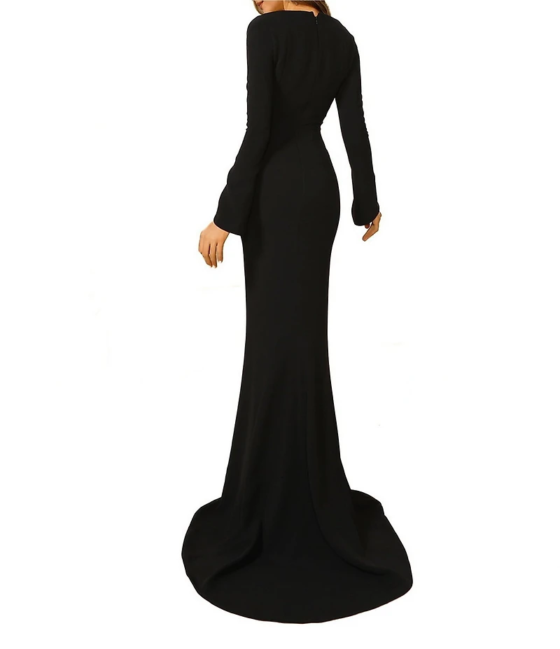 Terani Couture Scoop Neck Long Bell Sleeve Crepe Mermaid Gown
