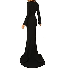 Terani Couture Scoop Neck Long Bell Sleeve Crepe Mermaid Gown