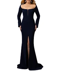 Terani Couture Scoop Neck Long Bell Sleeve Crepe Mermaid Gown