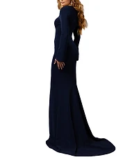 Terani Couture Scoop Neck Long Bell Sleeve Crepe Mermaid Gown