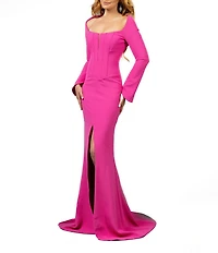Terani Couture Scoop Neck Long Bell Sleeve Crepe Mermaid Gown