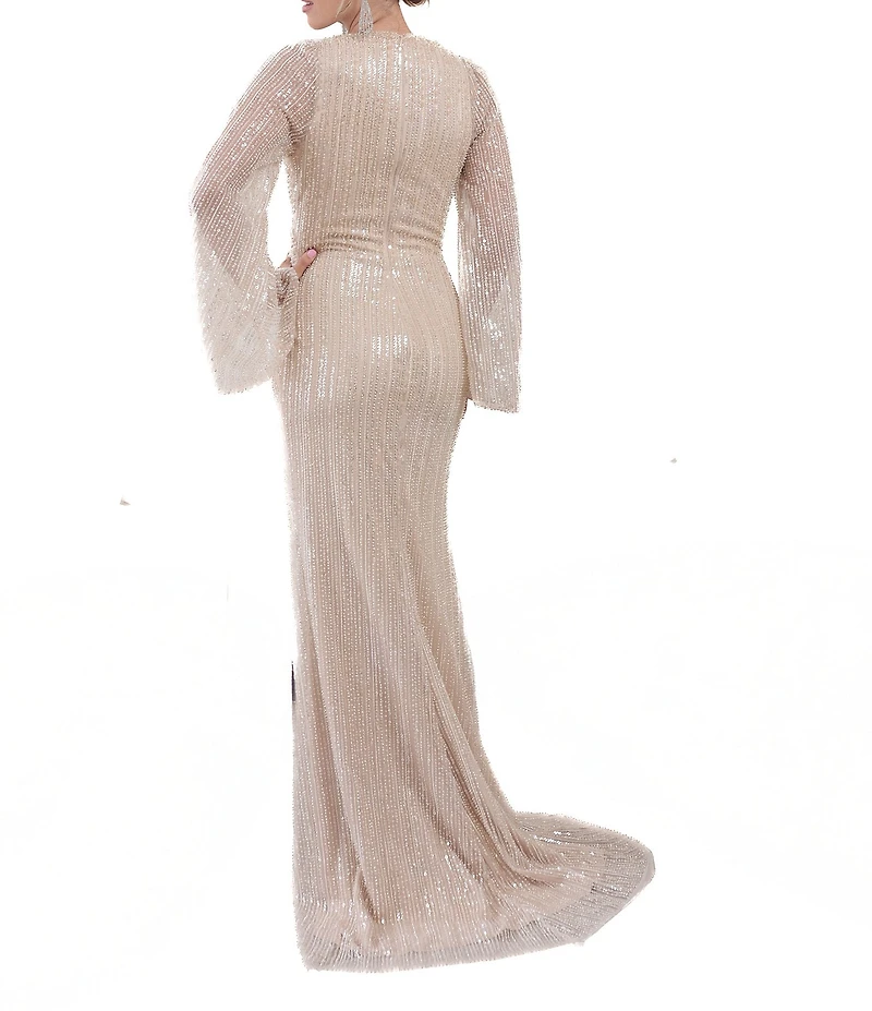 Terani Couture Sequin Beaded V-Neck Long Flare Sleeve A-Line Dress