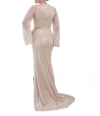 Terani Couture Sequin Beaded V-Neck Long Flare Sleeve A-Line Dress