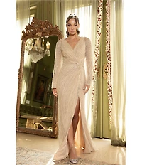 Terani Couture Sequin Beaded V-Neck Long Flare Sleeve A-Line Dress