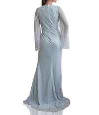 Terani Couture Sequin Beaded V-Neck Long Flare Sleeve A-Line Dress