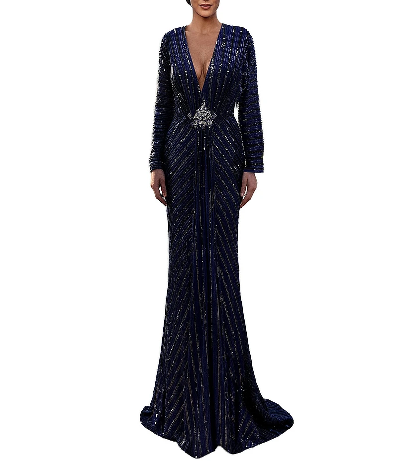 Terani Couture Sequin Mesh V-Neck Long Sleeve Sheath Long Dress