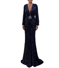 Terani Couture Sequin Mesh V-Neck Long Sleeve Sheath Long Dress