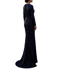 Terani Couture Sequin Mesh V-Neck Long Sleeve Sheath Long Dress