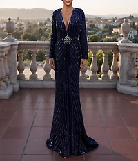 Terani Couture Sequin Mesh V-Neck Long Sleeve Sheath Long Dress