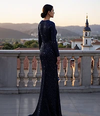 Terani Couture Sequin Mesh V-Neck Long Sleeve Sheath Long Dress