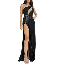 Terani Couture Sequin One Shoulder Open Front Embellished Sheath Long Dress