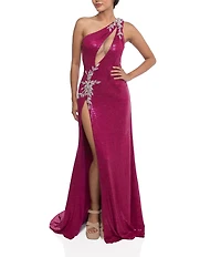 Terani Couture Sequin One Shoulder Open Front Embellished Sheath Long Dress