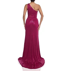 Terani Couture Sequin One Shoulder Open Front Embellished Sheath Long Dress