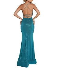 Terani Couture Sequin Strappy Back Sleeveless Long Sheath Dress
