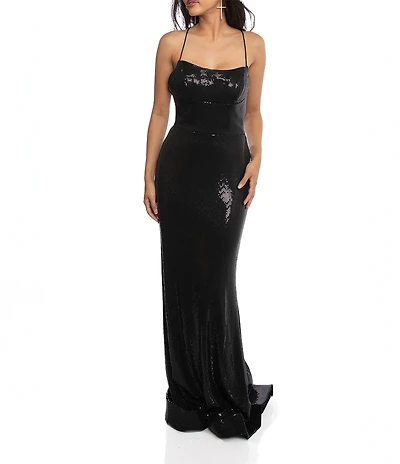 Terani Couture Sequin Strappy Back Sleeveless Long Sheath Dress