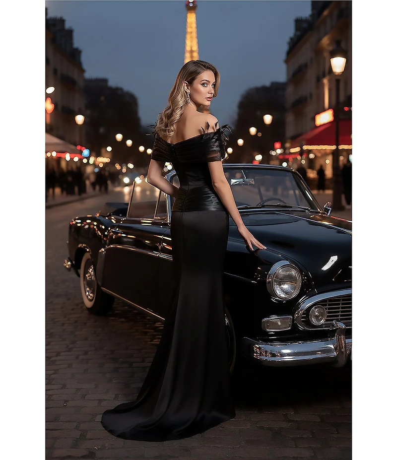 Terani Couture Shimmer Crepe Off-The-Shoulder Feather Neckline Corset Bodice Sheath Gown