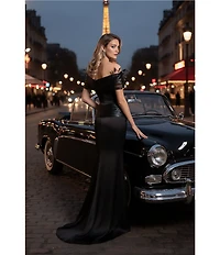 Terani Couture Shimmer Crepe Off-The-Shoulder Feather Neckline Corset Bodice Sheath Gown