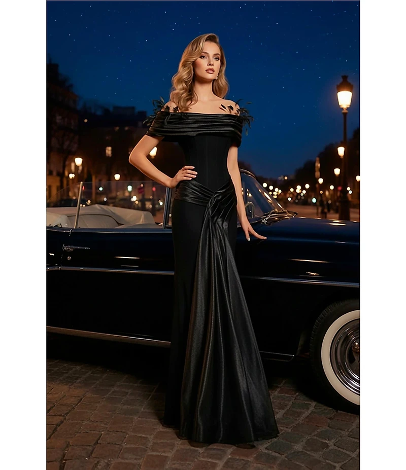 Terani Couture Shimmer Crepe Off-The-Shoulder Feather Neckline Corset Bodice Sheath Gown