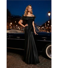 Terani Couture Shimmer Crepe Off-The-Shoulder Feather Neckline Corset Bodice Sheath Gown