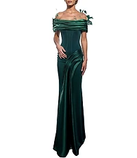 Terani Couture Shimmer Crepe Off-The-Shoulder Feather Neckline Corset Bodice Sheath Gown
