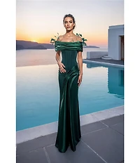 Terani Couture Shimmer Crepe Off-The-Shoulder Feather Neckline Corset Bodice Sheath Gown