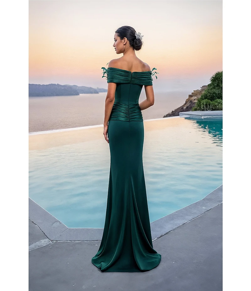 Terani Couture Shimmer Crepe Off-The-Shoulder Feather Neckline Corset Bodice Sheath Gown