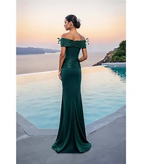 Terani Couture Shimmer Crepe Off-The-Shoulder Feather Neckline Corset Bodice Sheath Gown