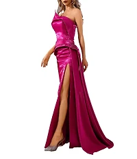 Terani Couture Shimmer Knit Asymmetric Strapless High Slit Gown
