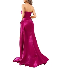 Terani Couture Shimmer Knit Asymmetric Strapless High Slit Gown