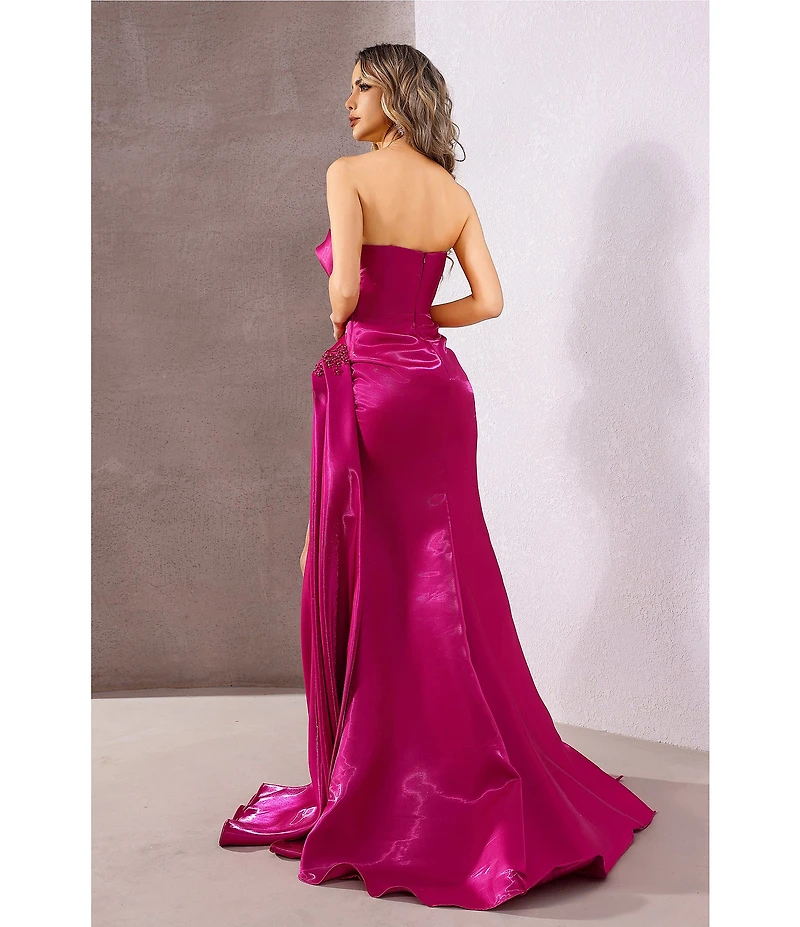 Terani Couture Shimmer Knit Asymmetric Strapless High Slit Gown