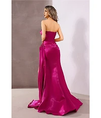 Terani Couture Shimmer Knit Asymmetric Strapless High Slit Gown