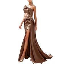 Terani Couture Shimmer Knit Asymmetric Strapless High Slit Gown