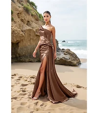 Terani Couture Shimmer Knit Asymmetric Strapless High Slit Gown