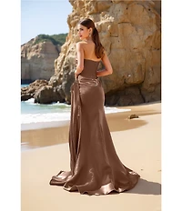 Terani Couture Shimmer Knit Asymmetric Strapless High Slit Gown