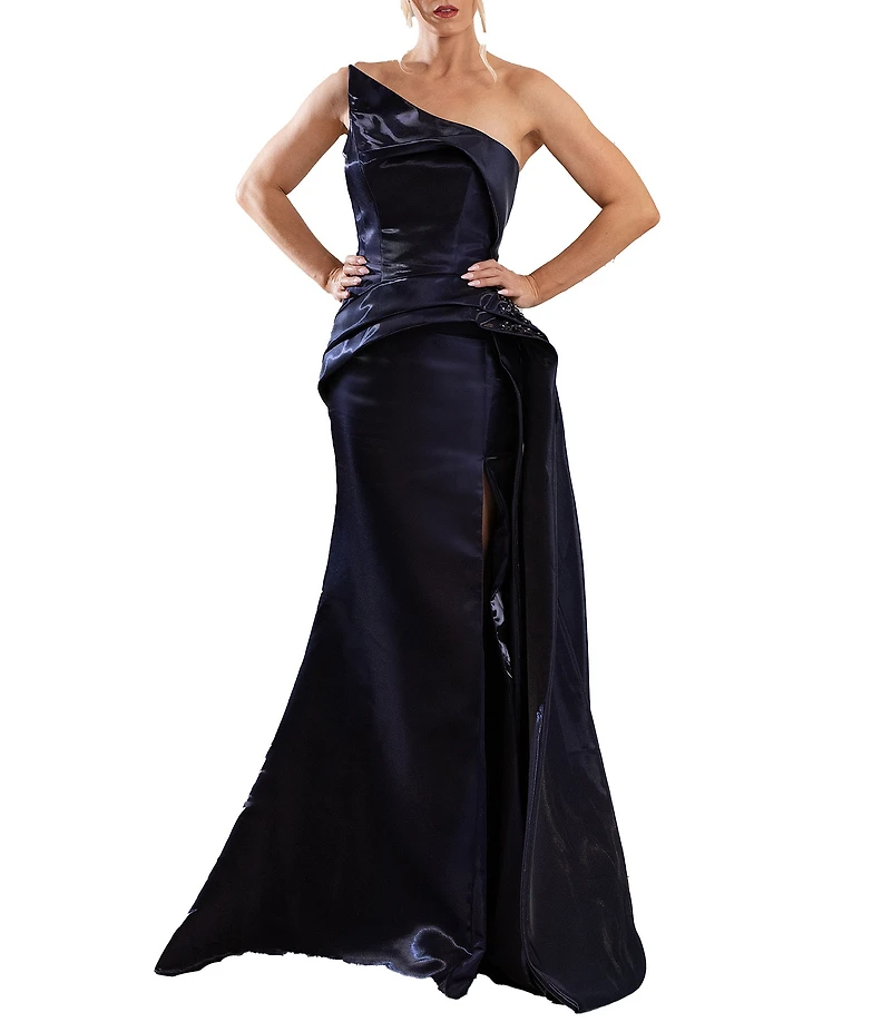 Terani Couture Shimmer Knit Asymmetric Strapless High Slit Gown