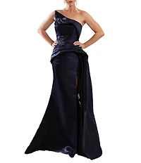 Terani Couture Shimmer Knit Asymmetric Strapless High Slit Gown