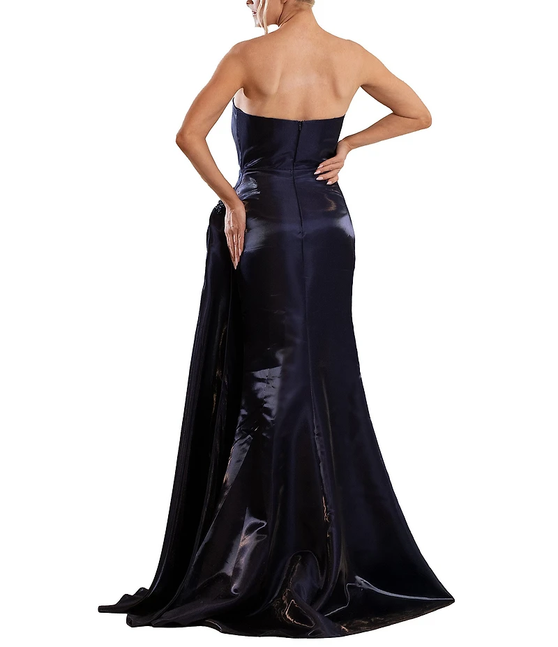Terani Couture Shimmer Knit Asymmetric Strapless High Slit Gown