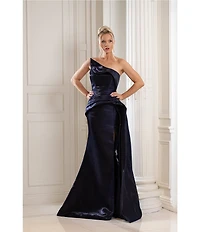 Terani Couture Shimmer Knit Asymmetric Strapless High Slit Gown