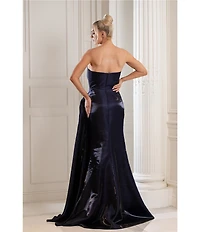 Terani Couture Shimmer Knit Asymmetric Strapless High Slit Gown