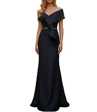 Terani Couture Shimmer Off-The-Shoulder V-Neck Gown