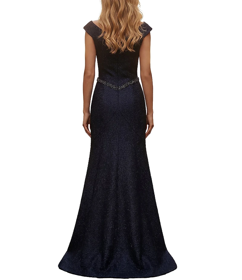 Terani Couture Shimmer Off-The-Shoulder V-Neck Gown